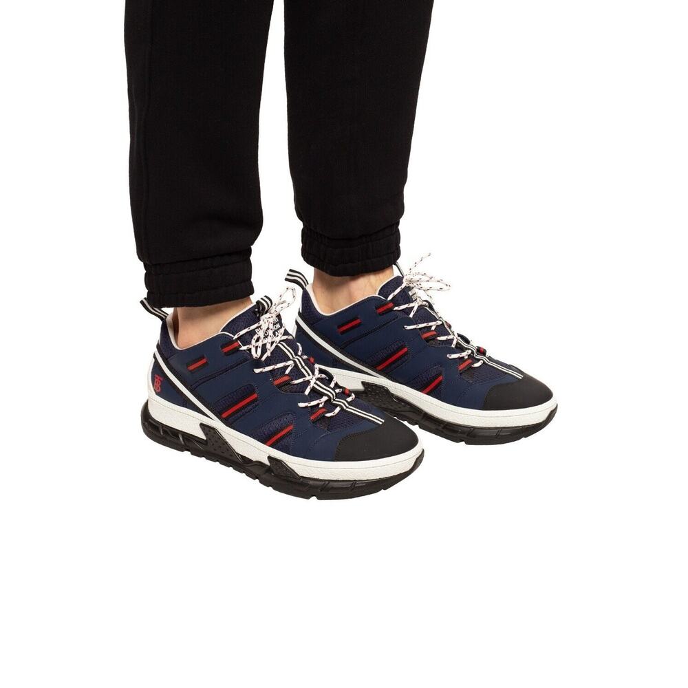 NIB BURBERRY UNION NAVY LEATHER MESH RED LOGO LOW TOP SNEAKERS 10 US 43 ITALY - Picture 3 of 12